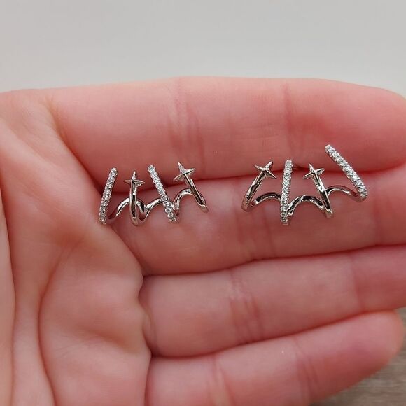 Platinum Plated Shooting Stars Earring Stud Cuff CZ - Picture 2 of 11